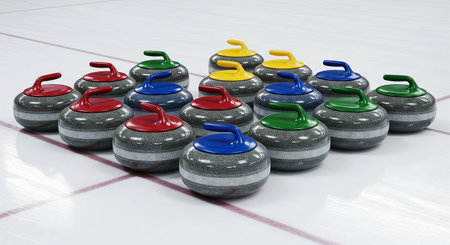 Curling stones with multicolored handles arranged on ice rink for winter sports activity. concept of...