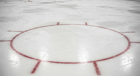 Ice hockey rink face-off circle with freshly resurfaced ice. concept of sports venue, recreational...