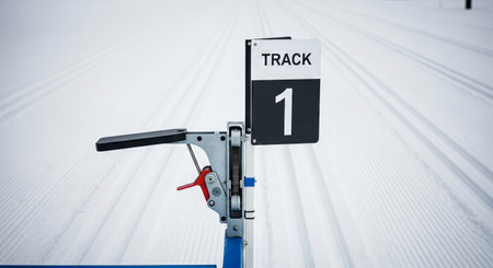 Snowy track marker with number one on a winter cross-country skiing trail. concept of outdoor...