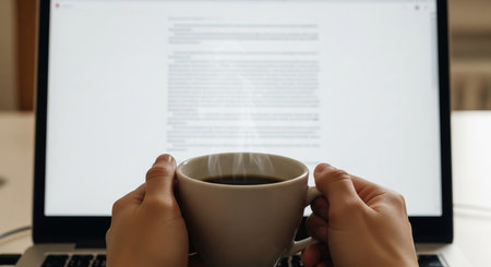 Hands holding a warm coffee mug in front of a laptop with blurred document on screen. concept of...