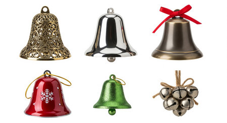 Collection of festive christmas bells with red bow and green bell decoration on white background....