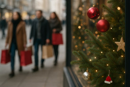 Christmas ornaments on tree branch in city street window display with shoppers walking in background. concept of festive decor, holiday shopping, urban christmas atmosphere.の写真素材