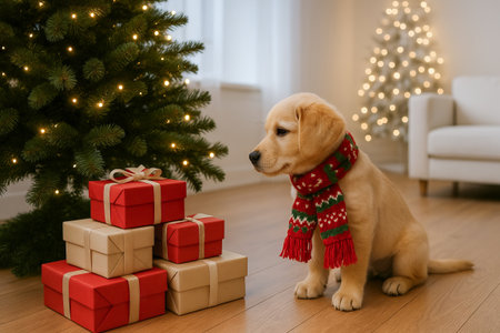 Cute puppy with festive gift boxes sitting by decorated christmas tree indoors. concept of holiday joy, christmas decor, festive atmosphere.の写真素材