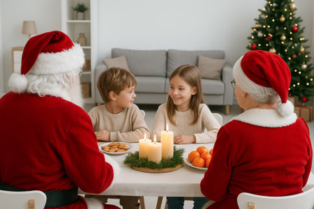 Festive family dinner with santa claus and mrs. claus sharing holiday cheer around candlelit table at christmas time.の写真素材