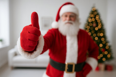 Santa claus giving thumbs up in front of christmas tree in cozy living room. concept of holiday cheer, festive spirit, christmas celebration.の写真素材