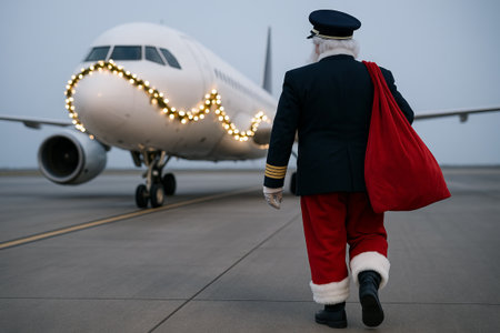 Santa claus in pilot uniform walking towards festive airplane with red bag full of gifts. concept of...
