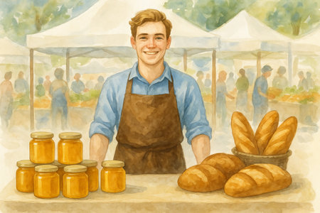Watercolor farmer at market with bread and jars displaying fresh produce. concept of local farming, organic products, community marketplace.の写真素材