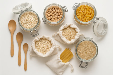 Zero waste lifestyle concept with reusable glass jars and cotton bags with grains and pasta for...