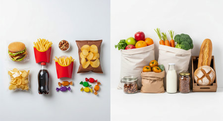 Flat lay of fast food and healthy groceries including burger, fries, sweets, vegetables, and baked goods on white background. concept of diet choices, nutrition contrast, lifestyle.の写真素材
