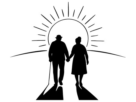 Black silhouette of elderly couple holding hands, walking towards sunrise, isolated on white background. concept of love, companionship, aging, sunset, relationship.のイラスト素材