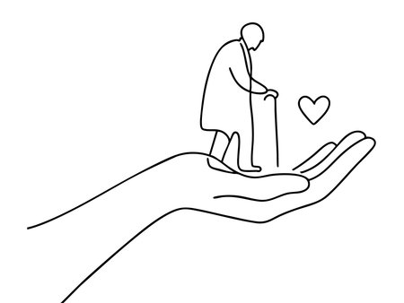 Continuous one line drawing of elderly man with cane standing on open hand with floating heart. concept of care, support, aging, love, minimalism, illustration, design element.のイラスト素材