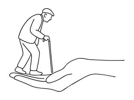 Continuous one line drawing of elderly man walking with cane on hand, minimalist art. concept of support, aging, care, senior, compassion, illustration, design element.のイラスト素材