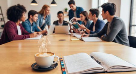 Diverse group of young professionals collaborating at a modern office table with coffee and notebooks. concept of teamwork, brainstorming, productivity.の写真素材