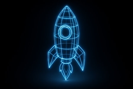 Neon wireframe rocket design glowing against a dark background. concept of futuristic technology, space exploration, digital innovation.の写真素材