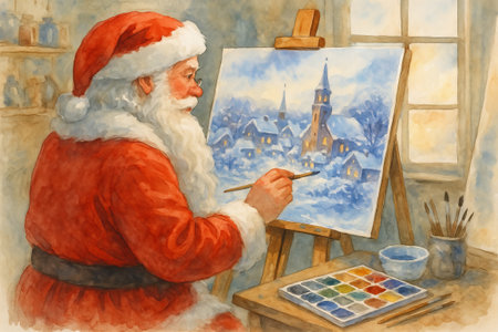 Santa claus painting a winter landscape in cozy studio concept of holiday art, christmas creativity, festive scene illustration.の写真素材