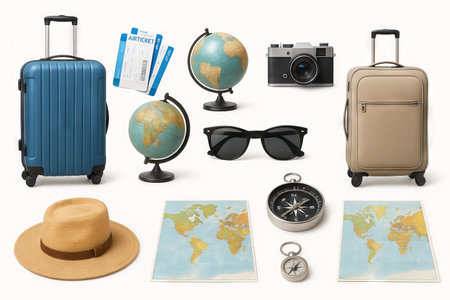 Travel essentials set featuring suitcases, camera, globes, sunglasses, map, and hat for a perfect exploration adventure. concept of world travel, vacation planning, exploration, SET.の写真素材