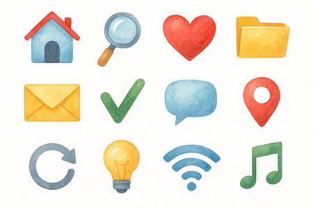 Watercolor design icons featuring house, heart, folder, and more for creative projects and visual storytelling illustration concept, SET.の写真素材