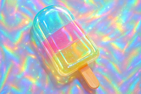 Iridescent popsicle delight on holographic surface capturing vibrant and colorful summer vibe. concept of refreshing treat, colorful design, summer fun.の写真素材