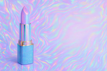 Holographic lipstick against iridescent background for modern beauty and cosmetic artistry concept of glamour, futuristic style, makeup innovation, banner, copy space.の写真素材
