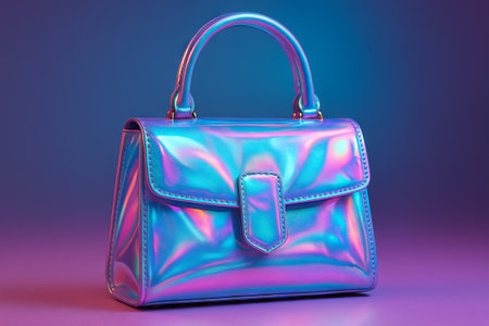 Iridescent holographic handbag on gradient background enhancing fashion with shimmering colors in a modern style.の写真素材