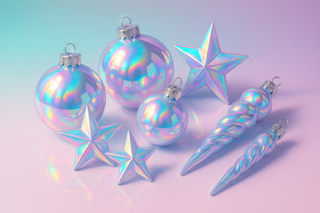 Holographic ornament display featuring stars and spheres in pastel shades for festive decor. concept...
