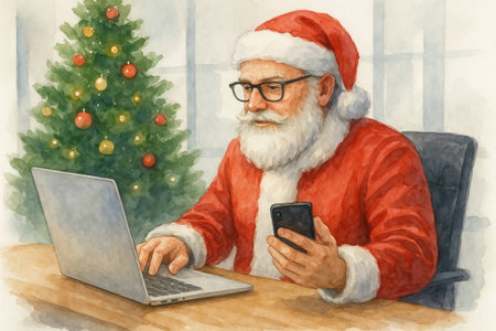 Watercolor illustration of Santa Claus using laptop and smartphone near decorated Christmas tree. Concept of modern holiday communication, digital Santa, festive season, Christmas technology.の写真素材
