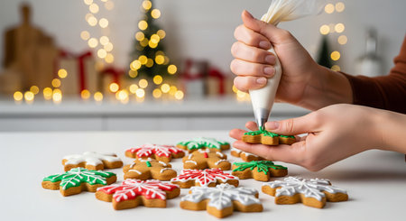 Person decorating festive gingerbread cookies with icing in a cozy holiday kitchen setting. concept...