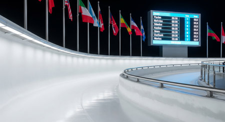 Modern ice rink with flags and digital scoreboard displaying speed results for competitive winter...
