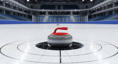 Curling stone on an ice rink in an empty stadium. concept of winter sports, curling competition, athletic precision.の写真素材