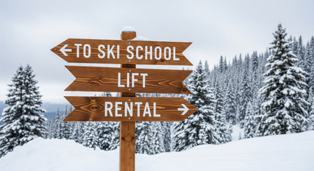 Wooden signpost in snowy mountain landscape directing to ski school lift and rental. concept of winter sport, snowy adventure, mountain direction.の写真素材