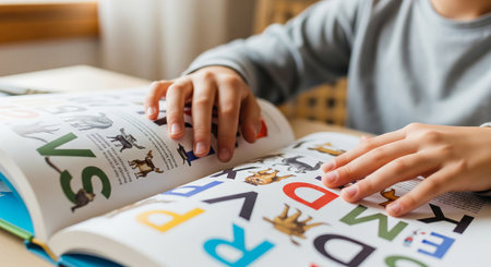 Child reading alphabet and animal book at home learning environment. concept of education, early...