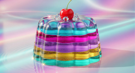 Colorful jelly dessert with cherry topping on glossy surface. concept of sweet treat, culinary art,...