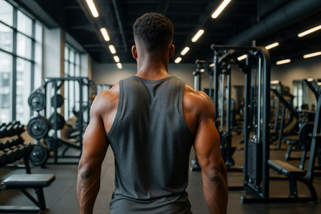 Fit african american man in gym demonstrating strength and determination while working out with fitness equipment. concept of health, exercise routine, physical training.の写真素材