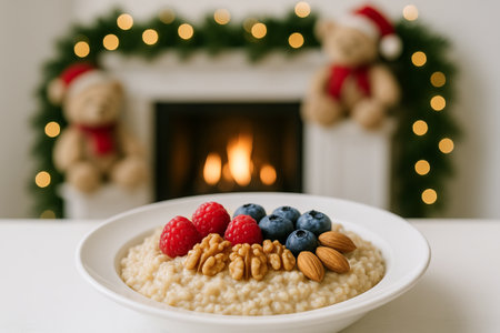 Cozy breakfast scene with bowl of oatmeal topped with berries and nuts in front of festive fireplace...