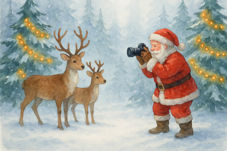 Santa photographing reindeer in snowy forest with christmas lights illustration. concept of holiday photography, winter festivity, christmas cheer.の写真素材