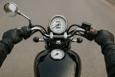Hands on motorcycle handlebars riding on open road for adventure and freedom concept of travel,...