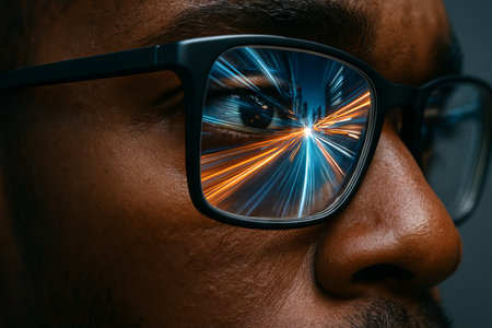 Futuristic vision reflections in glasses showcasing a high-tech world through african american man's eyes, emphasizing technology, innovation, and forward-thinking concept.の写真素材