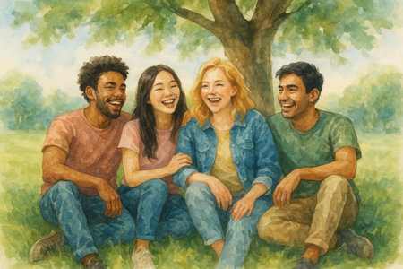 Illustration of diverse friends enjoying a sunny day in the park, sitting under a tree and laughing...