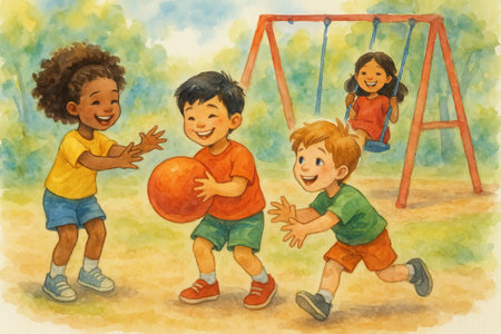 Children playing on playground with ball and swing in colorful illustration. concept of outdoor fun, childhood joy, and friendship.の写真素材
