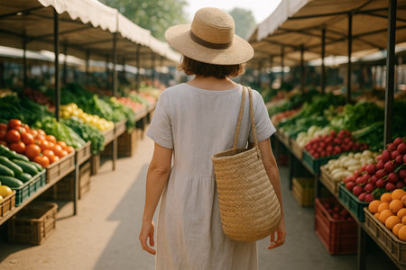 Woman in sun hat exploring a vibrant morning market with fresh produce on a sunny day. concept of healthy lifestyle, fresh food, outdoor market exploration.の写真素材