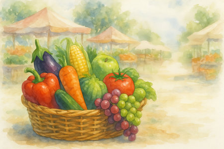 Watercolor of organic produce in basket at farmers market with colorful vegetables and fruits. concept of fresh produce, organic farming, healthy lifestyle, copy space.の写真素材