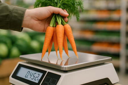 Fresh carrots weighing on digital scale at market with person hand holding bunch. concept of organic produce, healthy eating, farmers market shopping.の写真素材