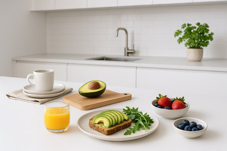 Simple breakfast in white kitchen with avocado toast, fresh berries, orange juice, and minimalist...