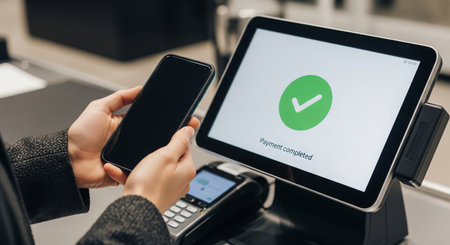 Close-up of smartphone payment completion at digital checkout in modern store. concept of mobile...