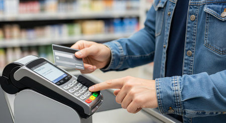 Asian person using credit card for payment at a store checkout. concept of retail shopping, electronic transaction, convenience.の写真素材