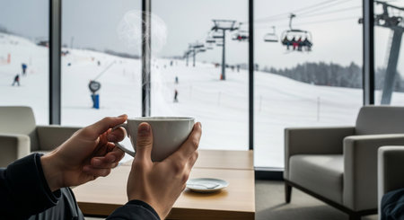Cozy moment enjoying a hot drink with snowy ski lift view in mountain lodge. concept of winter relaxation, warm beverage, scenic outdoor escape.の写真素材