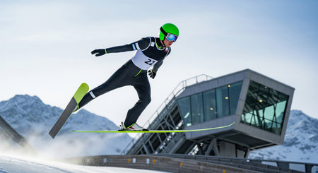 Athlete ski jumping at winter sports competition in snowy mountain landscape. concept of skiing, athletic performance, winter sports enthusiast.の写真素材