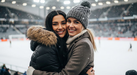 Two young women smiling together at ice skating rink on a snowy day. concept of friendship, joyful...