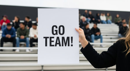Enthusiastic sports fan holding go team sign at a crowded stadium on game day. concept of support, team spirit, excitement in sports, cheering enthusiastically for a favorite team.の写真素材