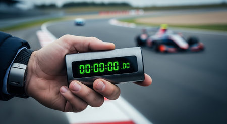 Close-up of hand holding a stopwatch during a high-speed car race on a track. concept of timekeeping, precision, motorsport.の写真素材